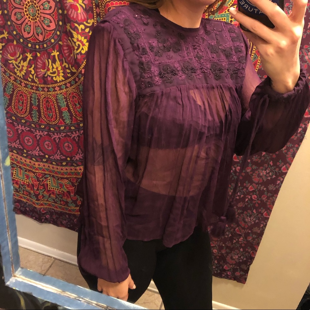NWT Free People Sheer Dark Purple Boho Top - Picture 3 of 8